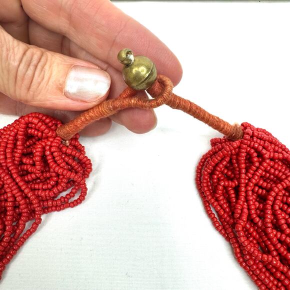 Multistrand Statement Necklace Orange Seed Bead Gold Tone Metal Plates Tribal - Picture 6 of 7